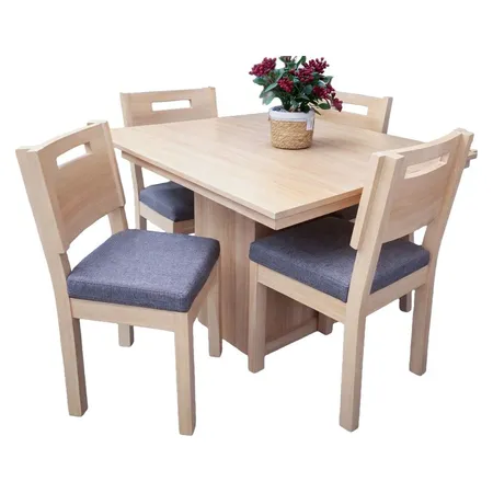 Comedor de 4 sillas en madera clara con asientos grises