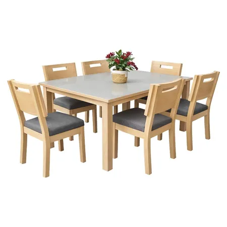 Comedor de 6 sillas en madera clara con asientos grises