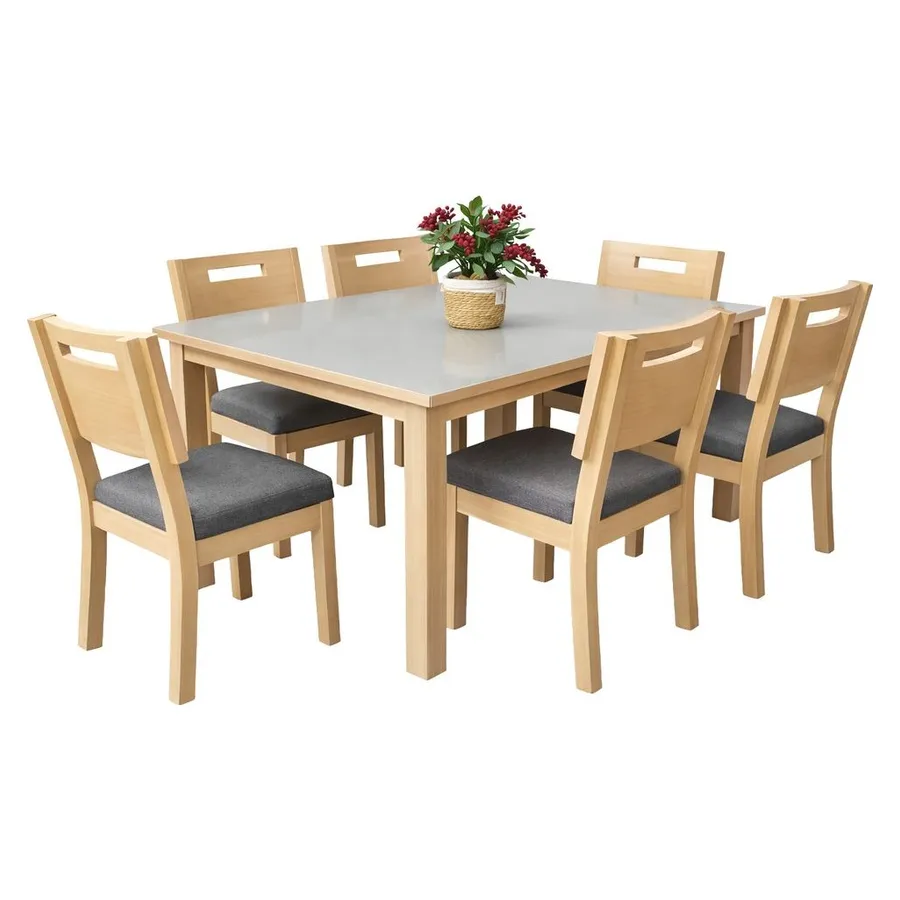 Comedor de 6 sillas en madera clara con asientos grises