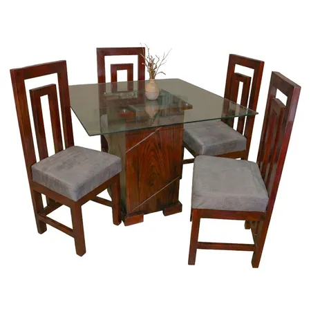 Comedor de cristal de 4 sillas en caoba con asientos grises