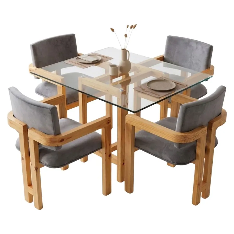 Comedor de cristal de 4 sillas en madera clara con asientos grises