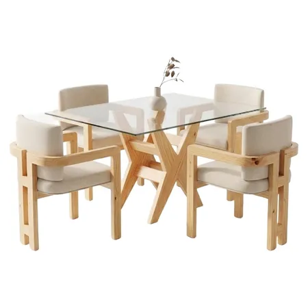 Comedor de cristal de 4 sillas en madera clara con tapizado beige