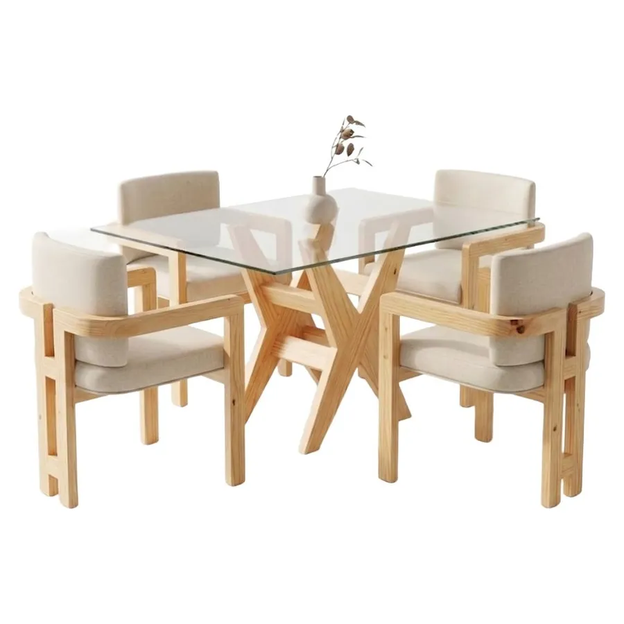 Comedor de cristal de 4 sillas en madera clara con tapizado beige