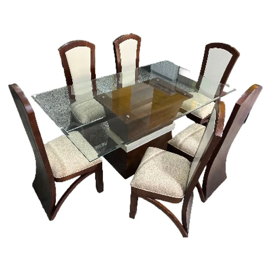 Comedor de cristal de 6 sillas en caoba con tapizado blanco