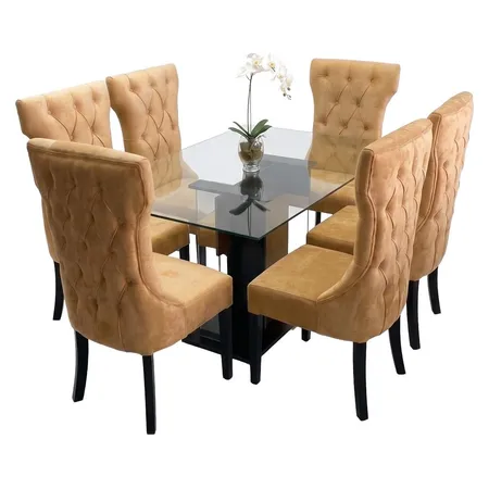 Comedor de cristal de 6 sillas tapizadas en beige