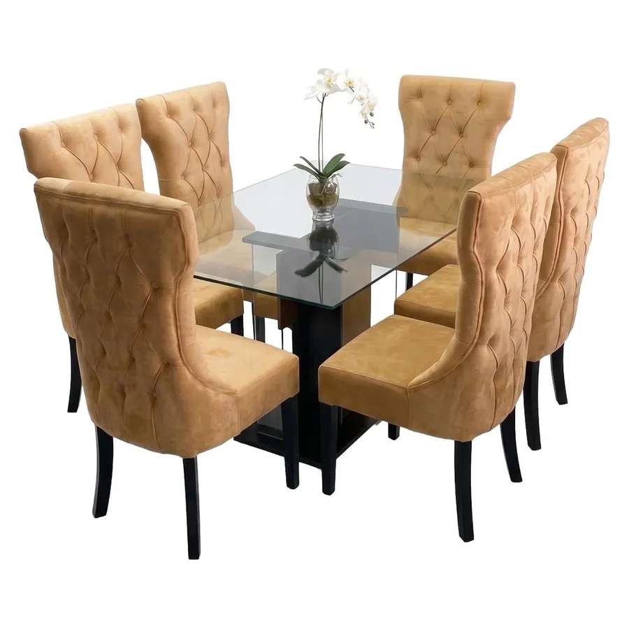 Comedor de cristal de 6 sillas tapizadas en beige