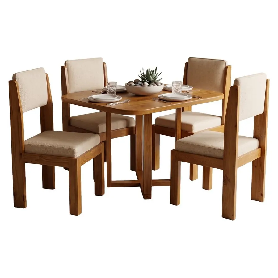 Comedor redondo de 4 sillas en madera con asientos beige