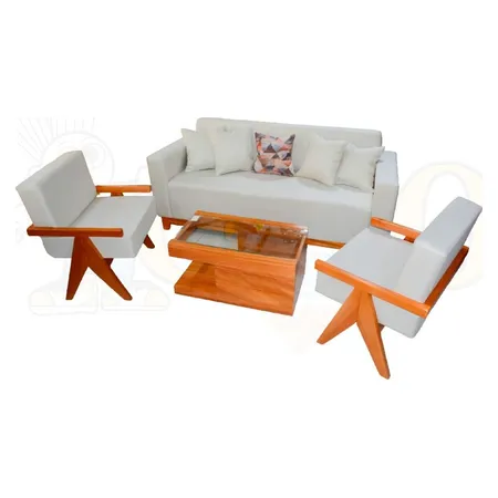 Juego de sala beige con mesas de madera