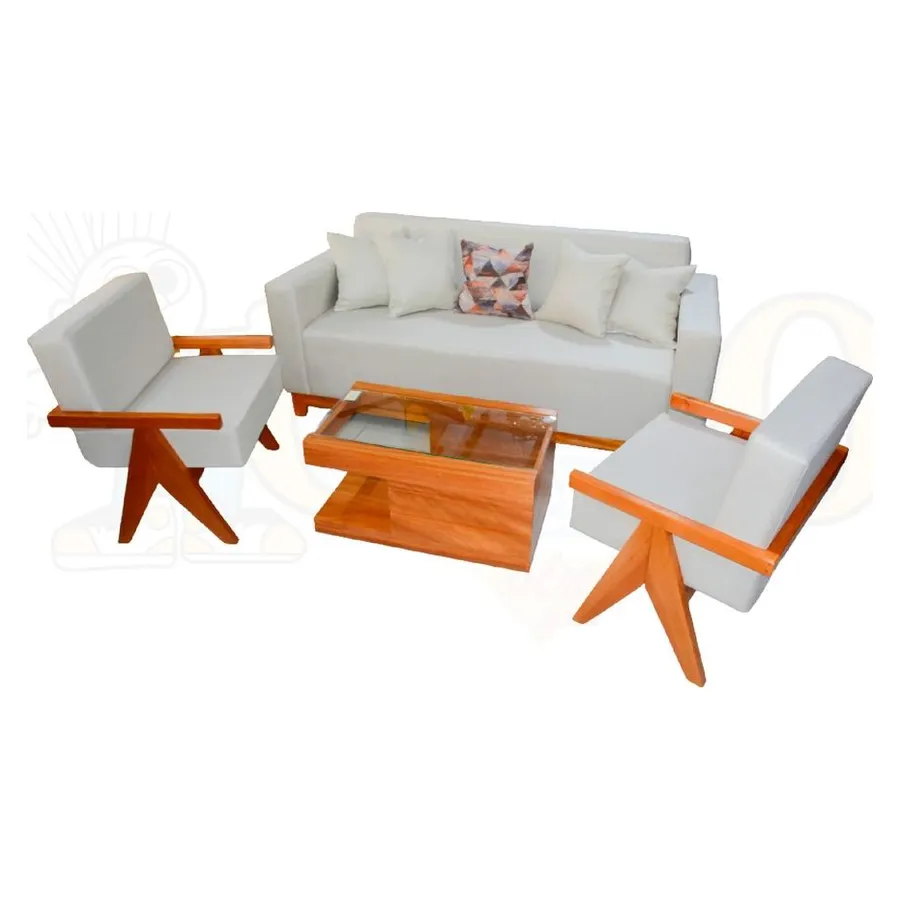 Juego de sala beige con mesas de madera