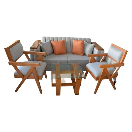 Juego de sala gris con butacas y mesa de cristal