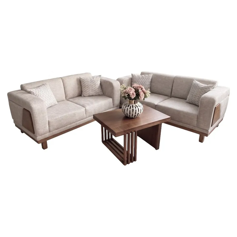 Juego de sala seccional beige con mesa de centro