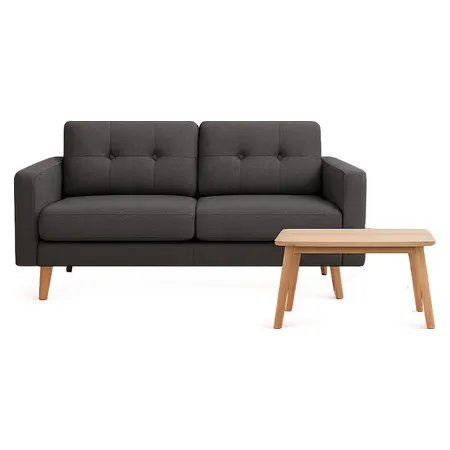 Sofá gris oscuro con mesa de centro en madera
